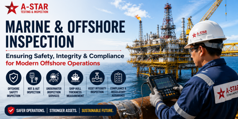 Marine and offshore inspection engineer conducting asset integrity and NDT inspection on an offshore platform to ensure safety, compliance, and operational reliability.