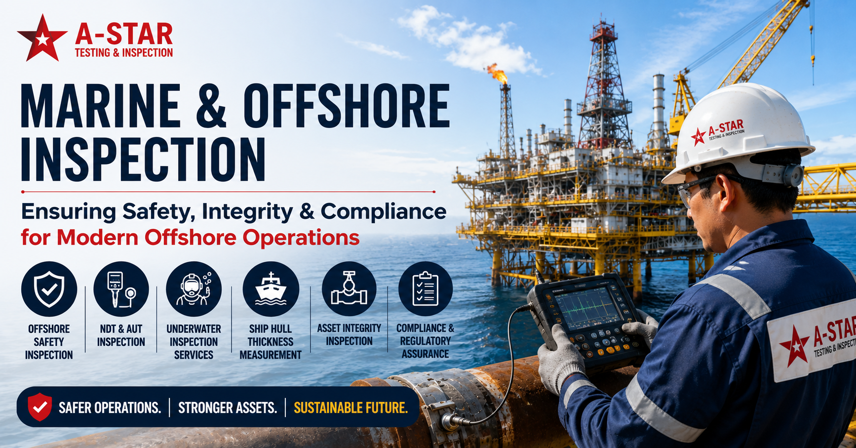 Marine and offshore inspection engineer conducting asset integrity and NDT inspection on an offshore platform to ensure safety, compliance, and operational reliability.
